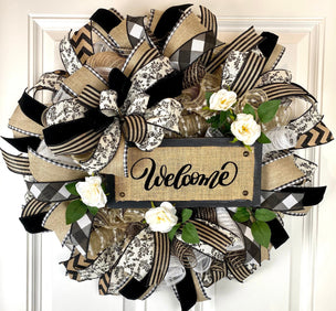 Farmhouse Welcome Wreath: Neutral Deco Mesh, Custom Sign