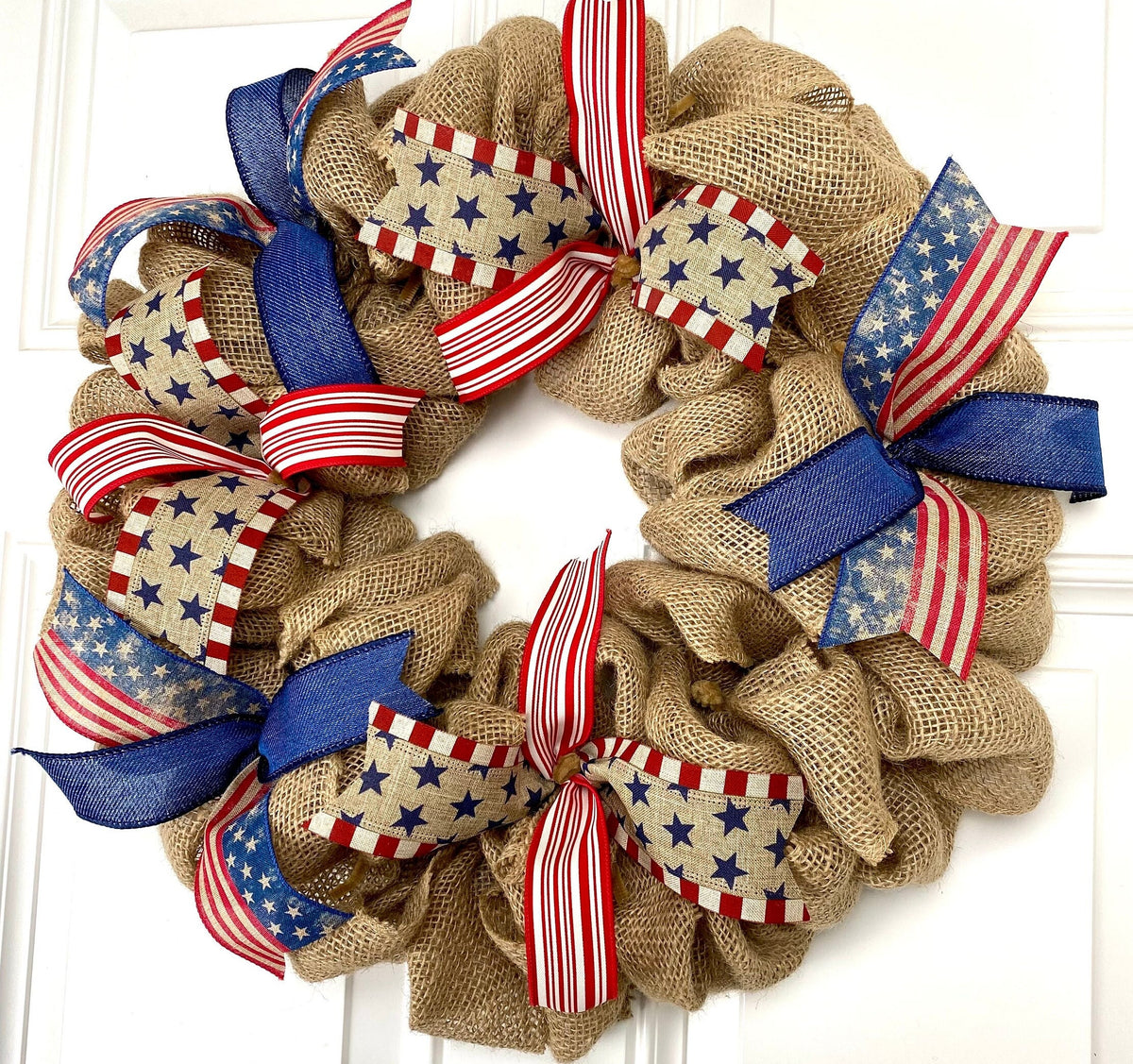 Burlap Patriotic Wreath: Vintage Flag Decor with Ribbons