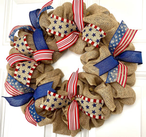 Burlap Patriotic Wreath: Vintage Flag Decor with Ribbons