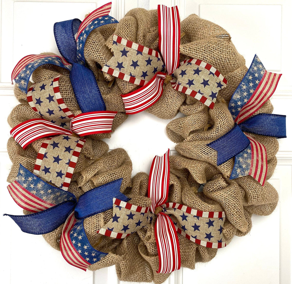 Burlap Patriotic Wreath: Vintage Flag Decor with Ribbons