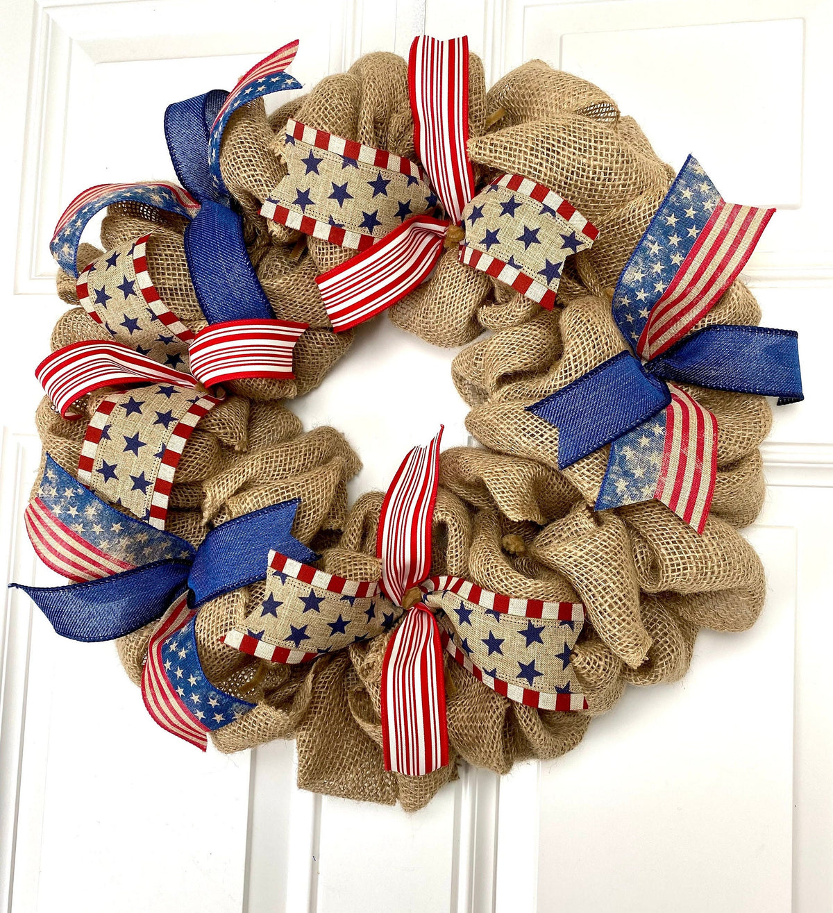 Burlap Patriotic Wreath: Vintage Flag Decor with Ribbons