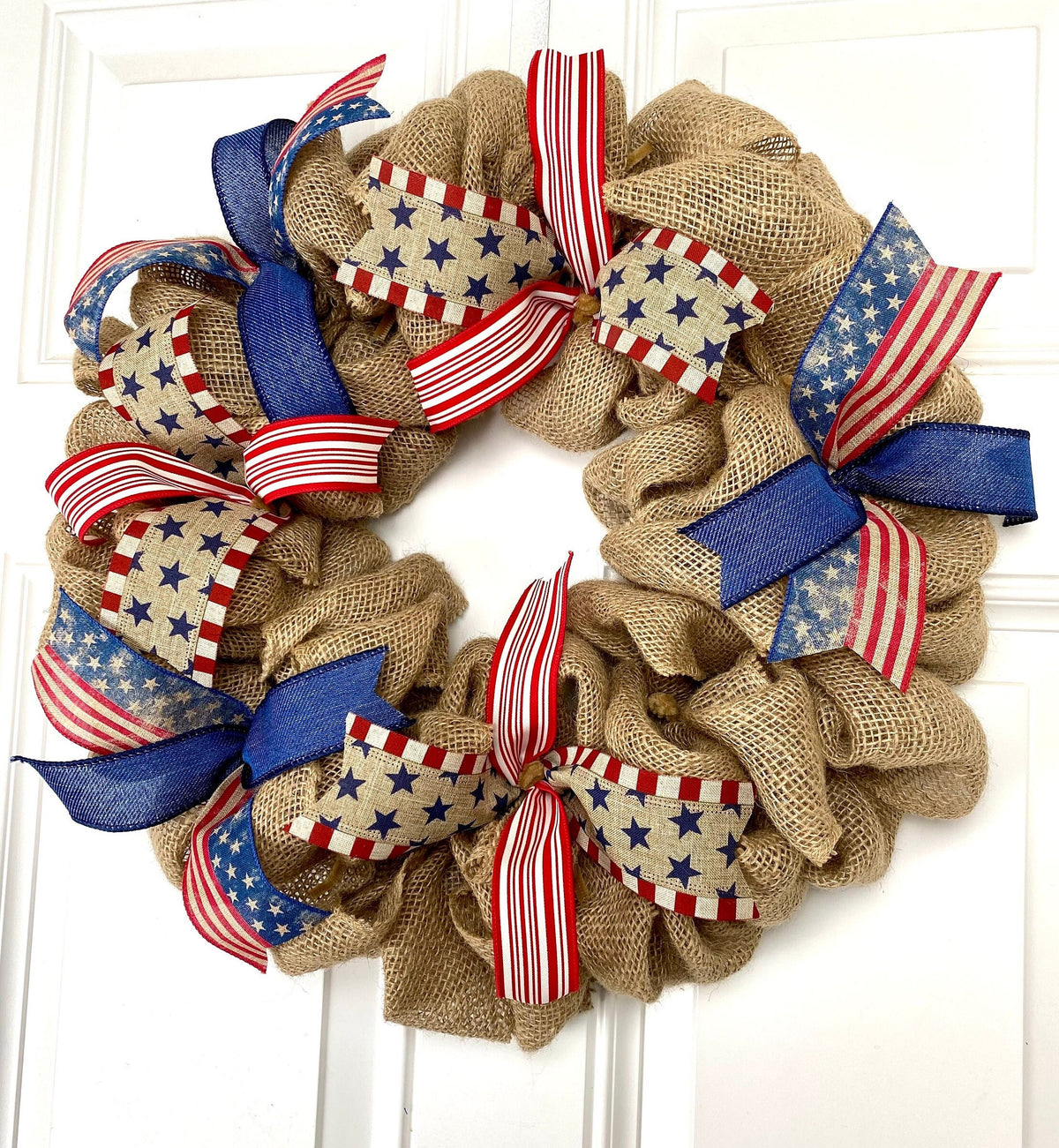 Burlap Patriotic Wreath: Vintage Flag Decor with Ribbons