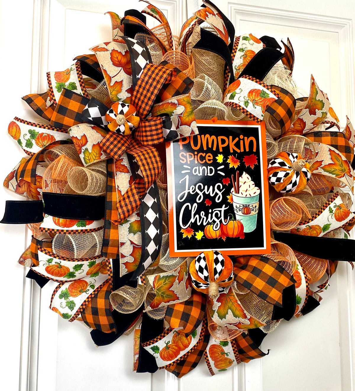 Fall Wreath for Front Door, Pumpkin Spice Jesus Christ, Christian Wreath, Thanksgiving Decor, Mesh Wreath