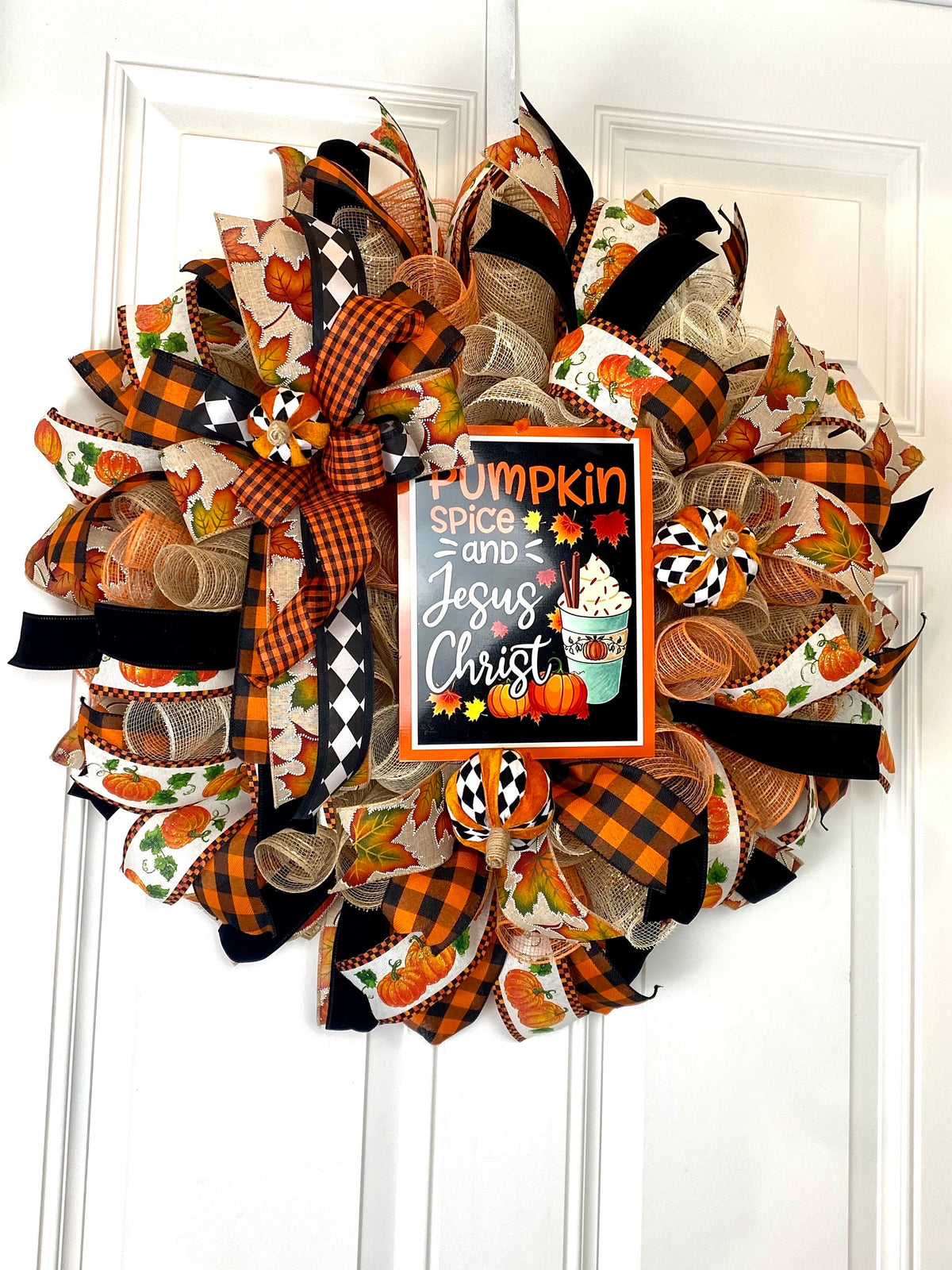 Fall Wreath for Front Door,  Pumpkin Spice Jesus Christ, Christian Wreath, Thanksgiving Decor, Mesh Wreath