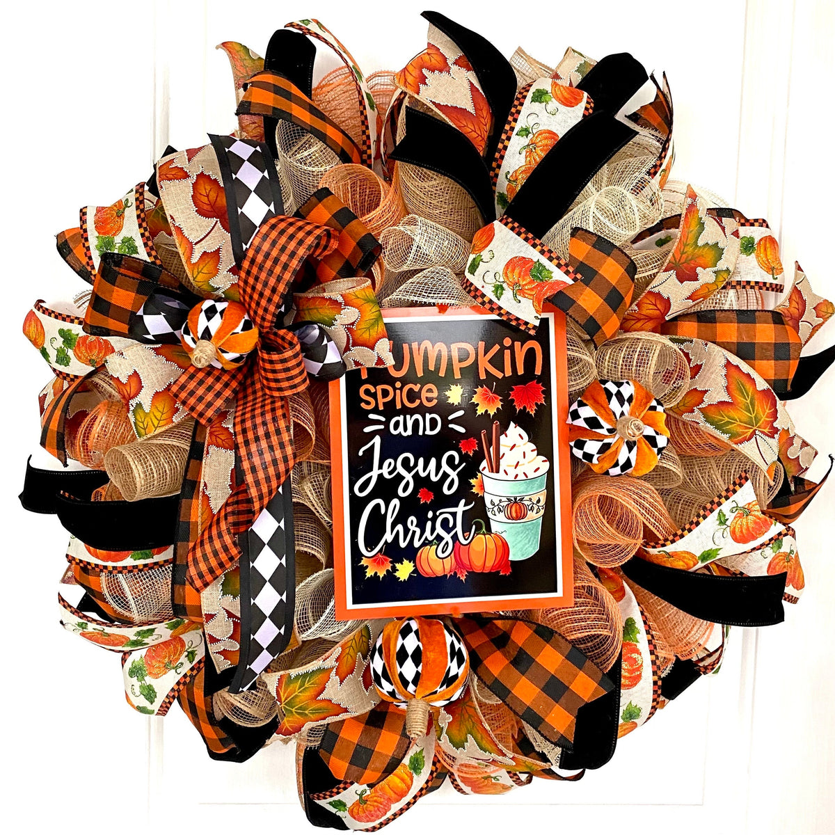 Fall Wreath for Front Door, Pumpkin Spice Jesus Christ, Christian Wreath, Thanksgiving Decor, Mesh Wreath