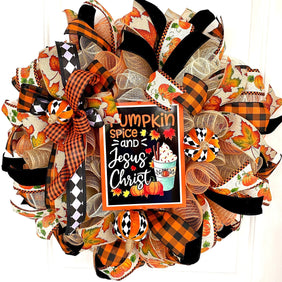 Fall Wreath for Front Door, Pumpkin Spice Jesus Christ, Christian Wreath, Thanksgiving Decor, Mesh Wreath