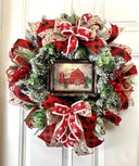 Farmhouse Christmas Wreath: Snow Globe, Red Barn, Plaid Ribbon