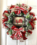 Farmhouse Christmas Wreath: Snow Globe, Red Barn, Plaid Ribbon