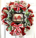 Farmhouse Christmas Wreath: Snow Globe, Red Barn, Plaid Ribbon