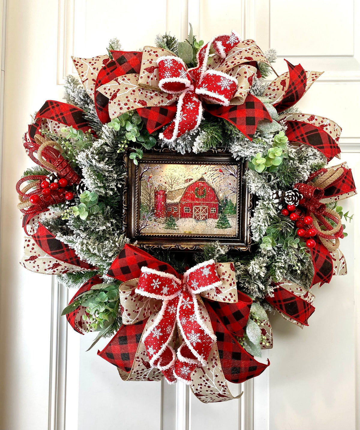 Farmhouse Christmas Wreath: Snow Globe, Red Barn, Plaid Ribbon