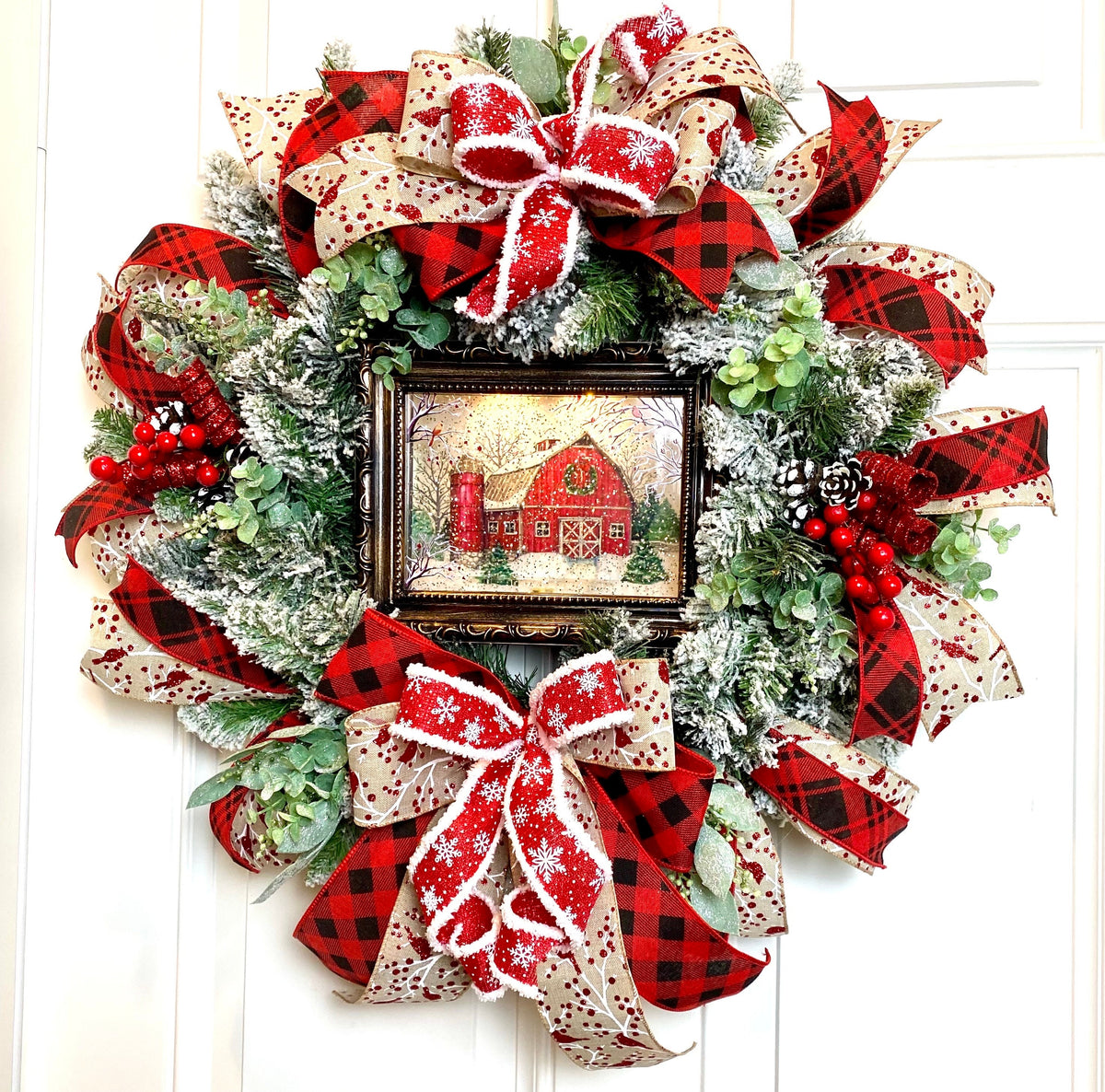 Farmhouse Christmas Wreath: Snow Globe, Red Barn, Plaid Ribbon