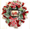 Farmhouse Christmas Wreath: Snow Globe, Red Barn, Plaid Ribbon