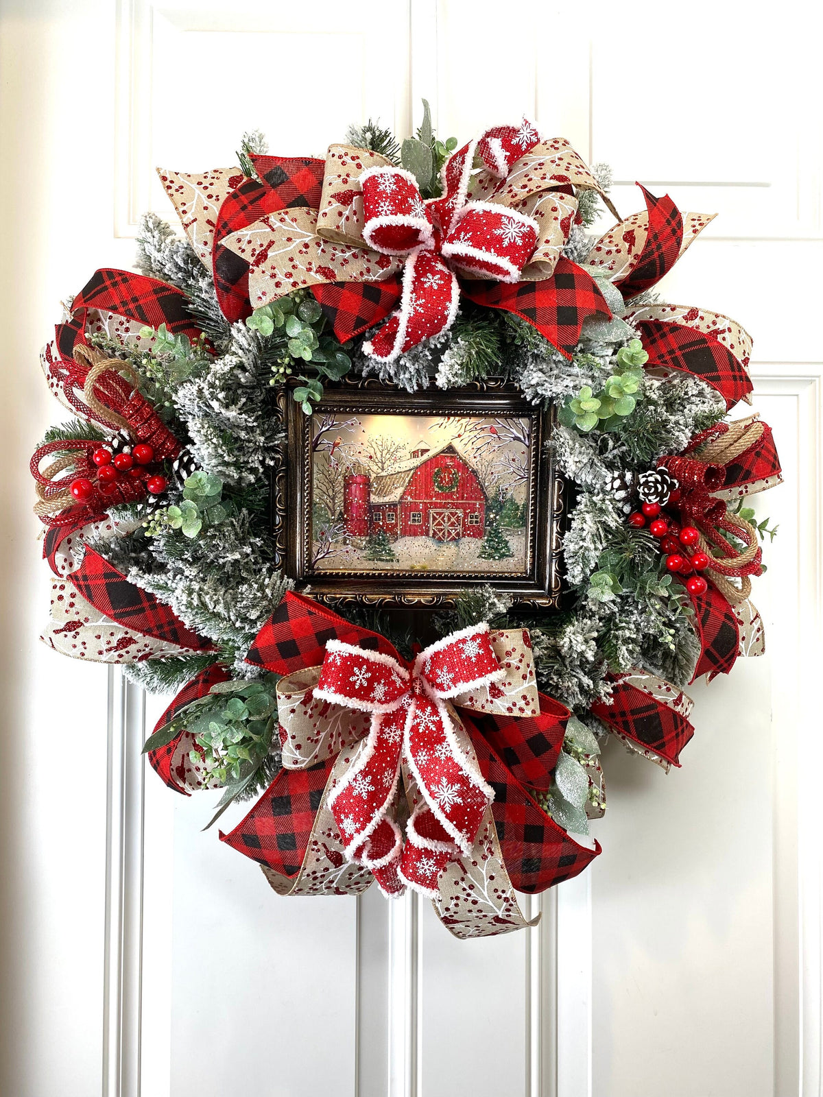 Farmhouse Christmas Wreath: Snow Globe, Red Barn, Plaid Ribbon