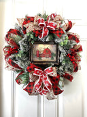 Farmhouse Christmas Wreath: Snow Globe, Red Barn, Plaid Ribbon