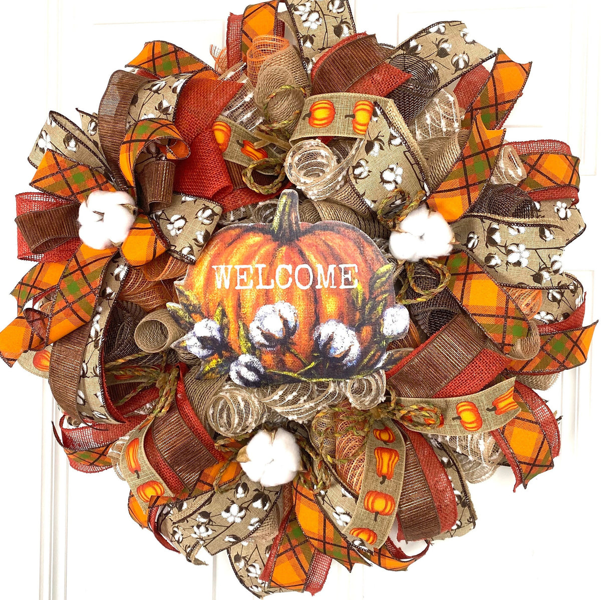 Fall Cotton Farmhouse Pumpkin Wreath