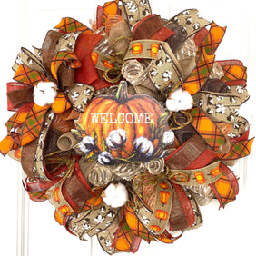 Fall Cotton Blossom Wreath: Farmhouse Pumpkin Thanksgiving Decor