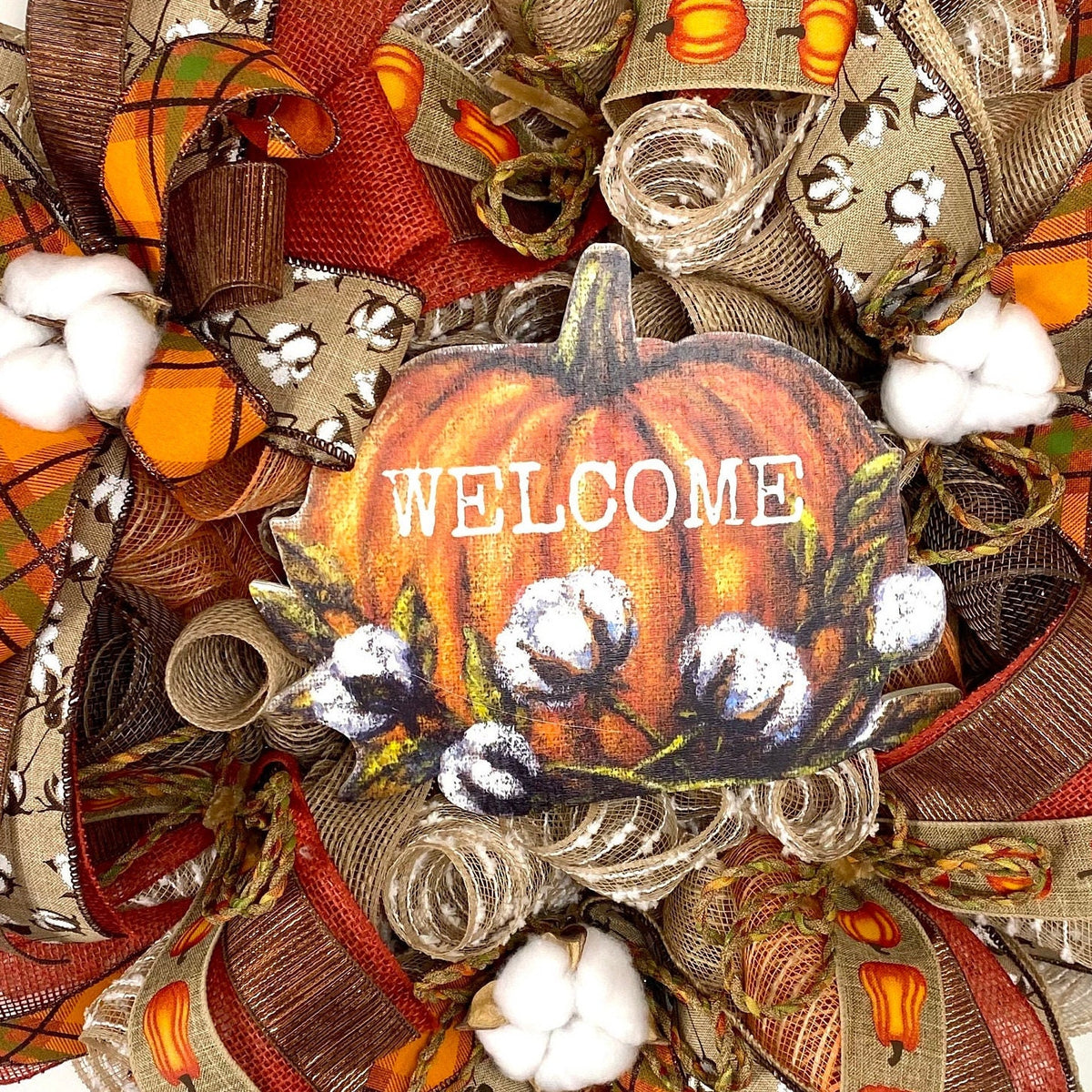 Fall Cotton Blossom Wreath: Farmhouse Pumpkin Thanksgiving Decor