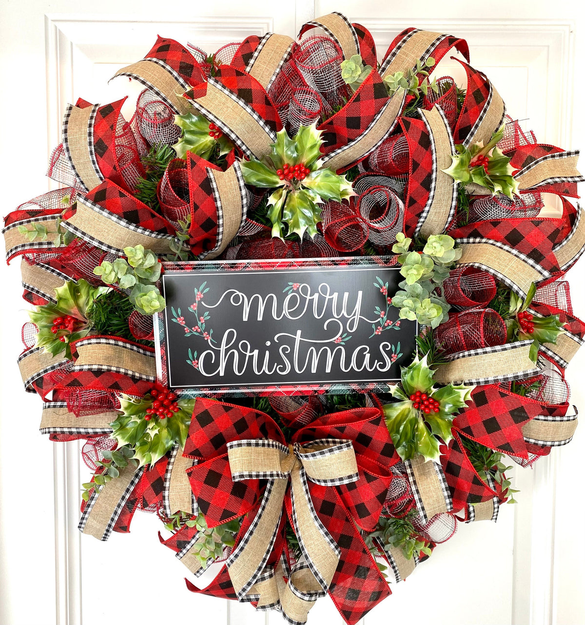 Buffalo Check Christmas Wreath: Farmhouse Front Door Decor