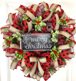 Buffalo Check Christmas Wreath: Farmhouse Front Door Decor