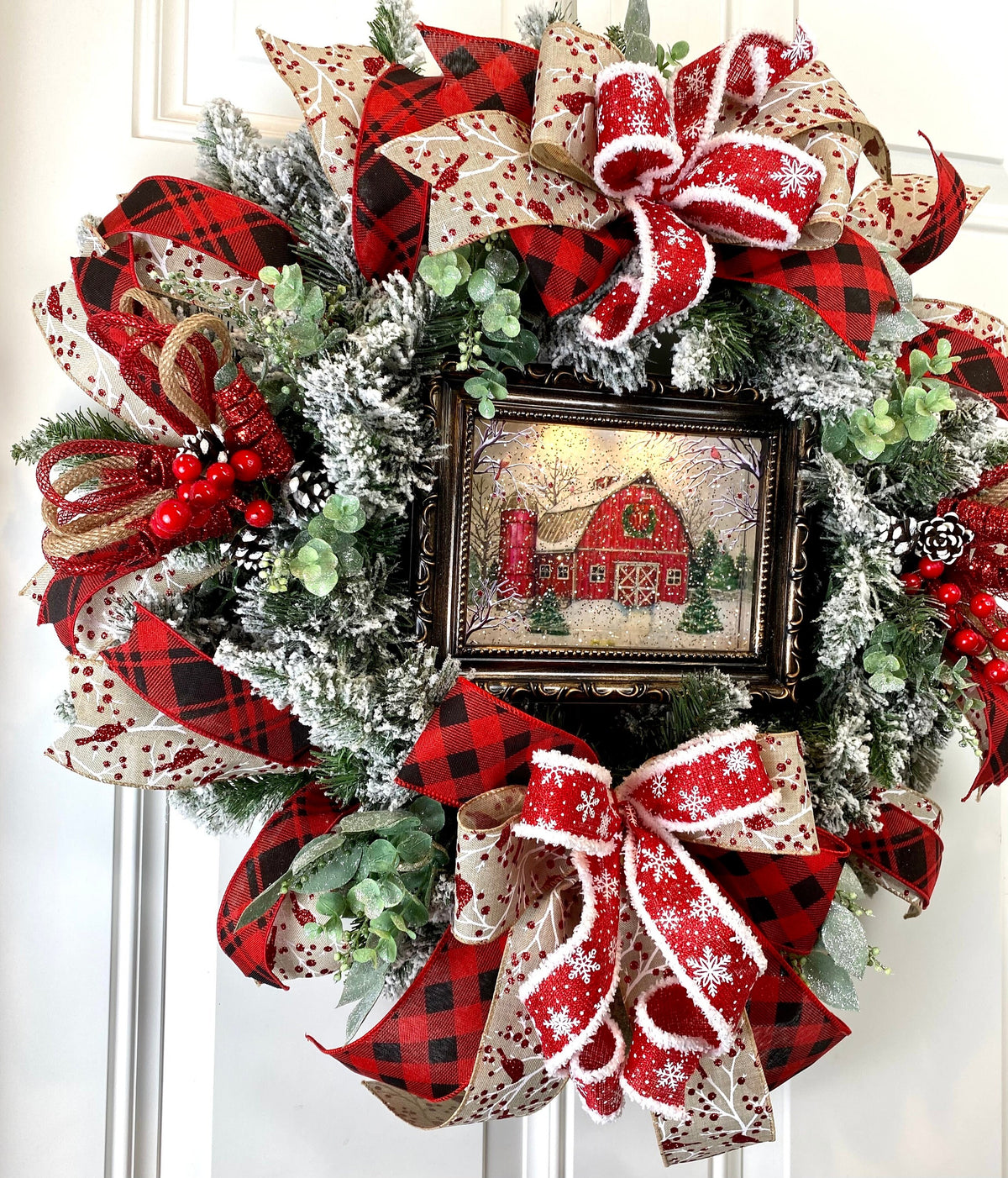 Farmhouse Christmas Wreath: Snow Globe, Red Barn, Plaid Ribbon