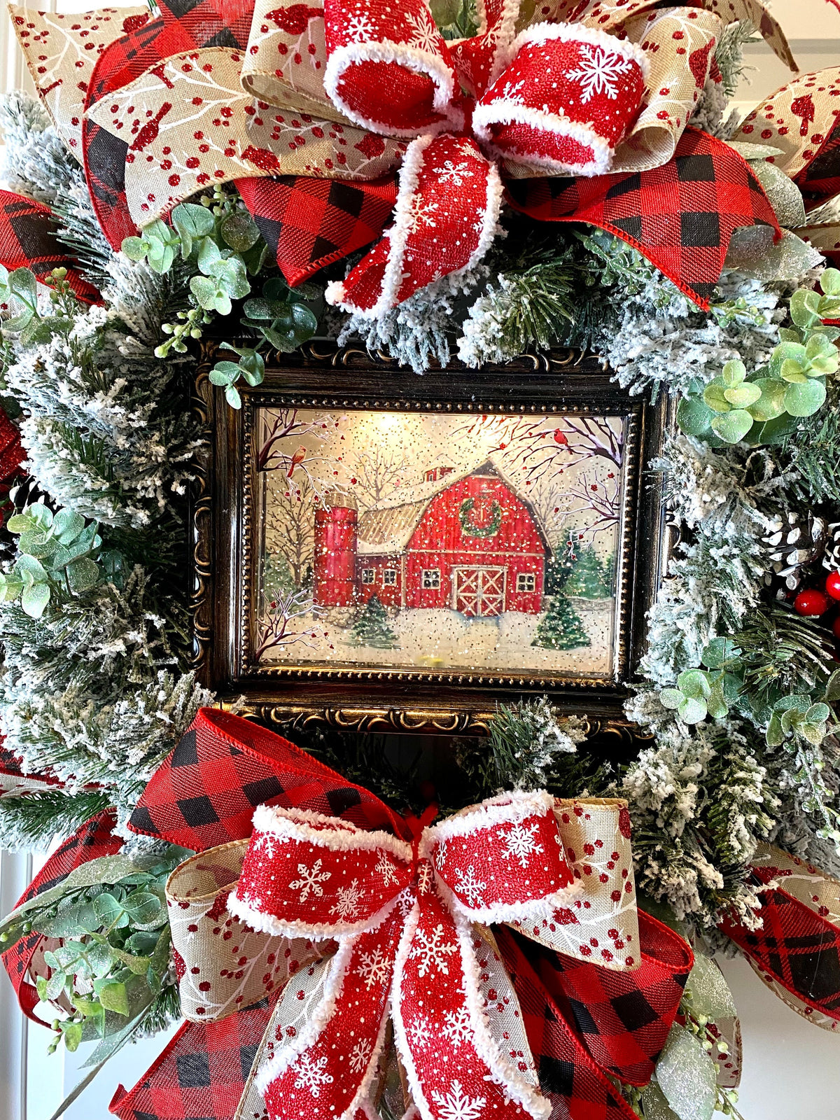 Farmhouse Christmas Wreath: Snow Globe, Red Barn, Plaid Ribbon