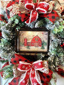 Farmhouse Christmas Wreath: Snow Globe, Red Barn, Plaid Ribbon