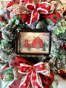 Farmhouse Christmas Wreath: Snow Globe, Red Barn, Plaid Ribbon