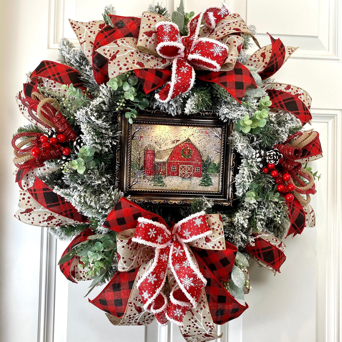 Farmhouse Christmas Wreath: Snow Globe, Red Barn, Plaid Ribbon