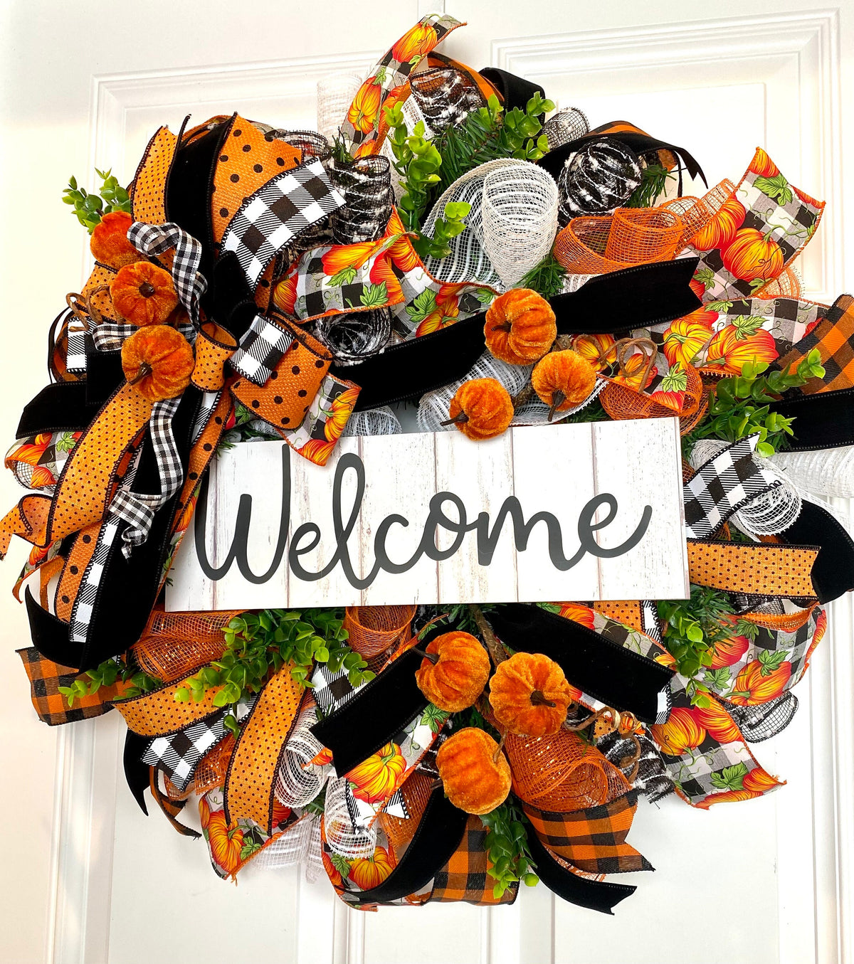 Fall Wreath, Pumpkin, Buffalo check, Farmhouse Deco, Traditional Autumn, Front Door decor
