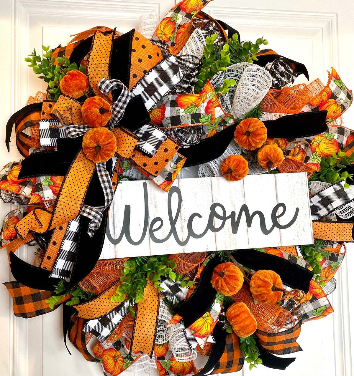 Fall Wreath, Pumpkin, Buffalo check, Farmhouse Deco, Traditional Autumn, Front Door decor