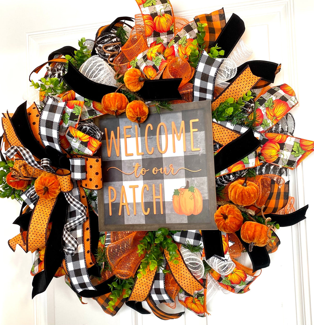 Fall Wreath, Pumpkin, Buffalo check, Farmhouse Deco, Traditional Autumn, Front Door decor