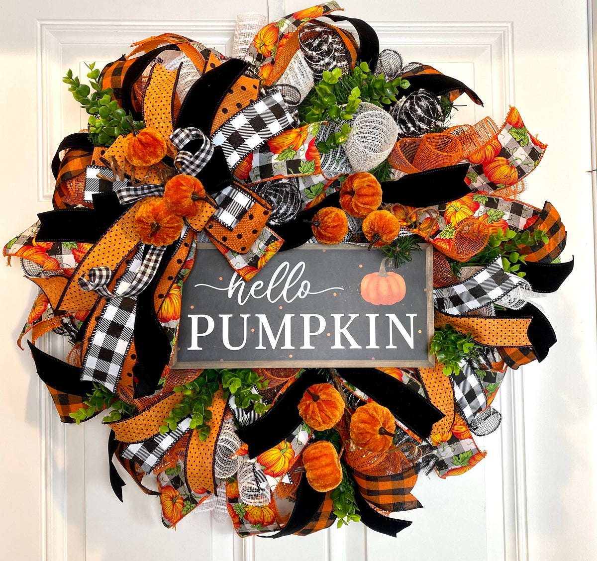 Fall Wreath, Pumpkin, Buffalo check, Farmhouse Deco, Traditional Autumn, Front Door decor