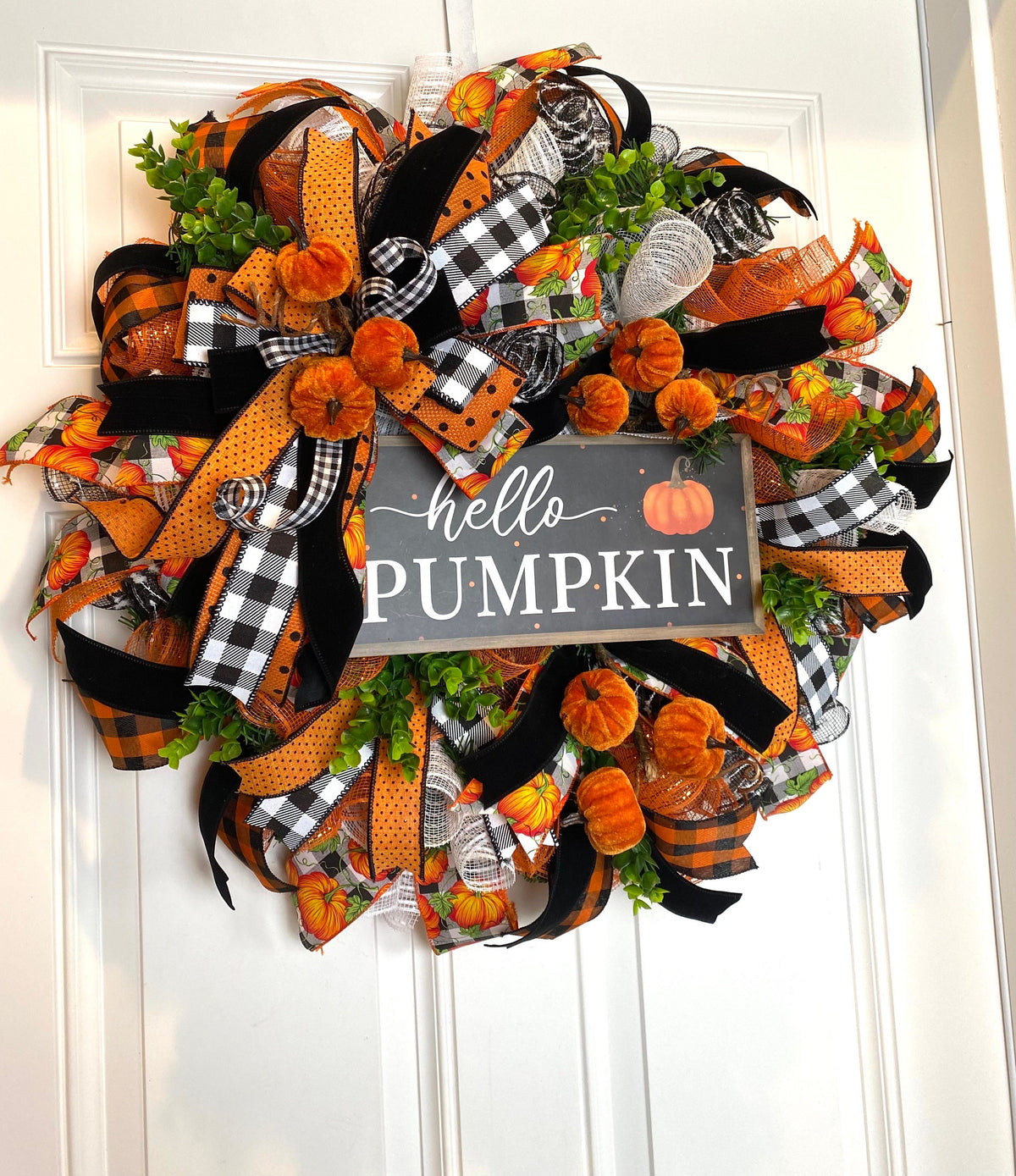 Fall Wreath, Pumpkin, Buffalo check, Farmhouse Deco, Traditional Autumn, Front Door decor