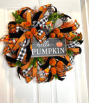 Fall Wreath, Pumpkin, Buffalo check, Farmhouse Deco, Traditional Autumn, Front Door decor