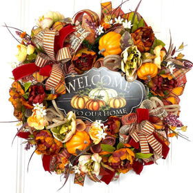 Fall Wreath,  Pumpkin, Floral Wreath, Pumpkin decor, deco mesh wreath, Fall wreath for front door, fall decor