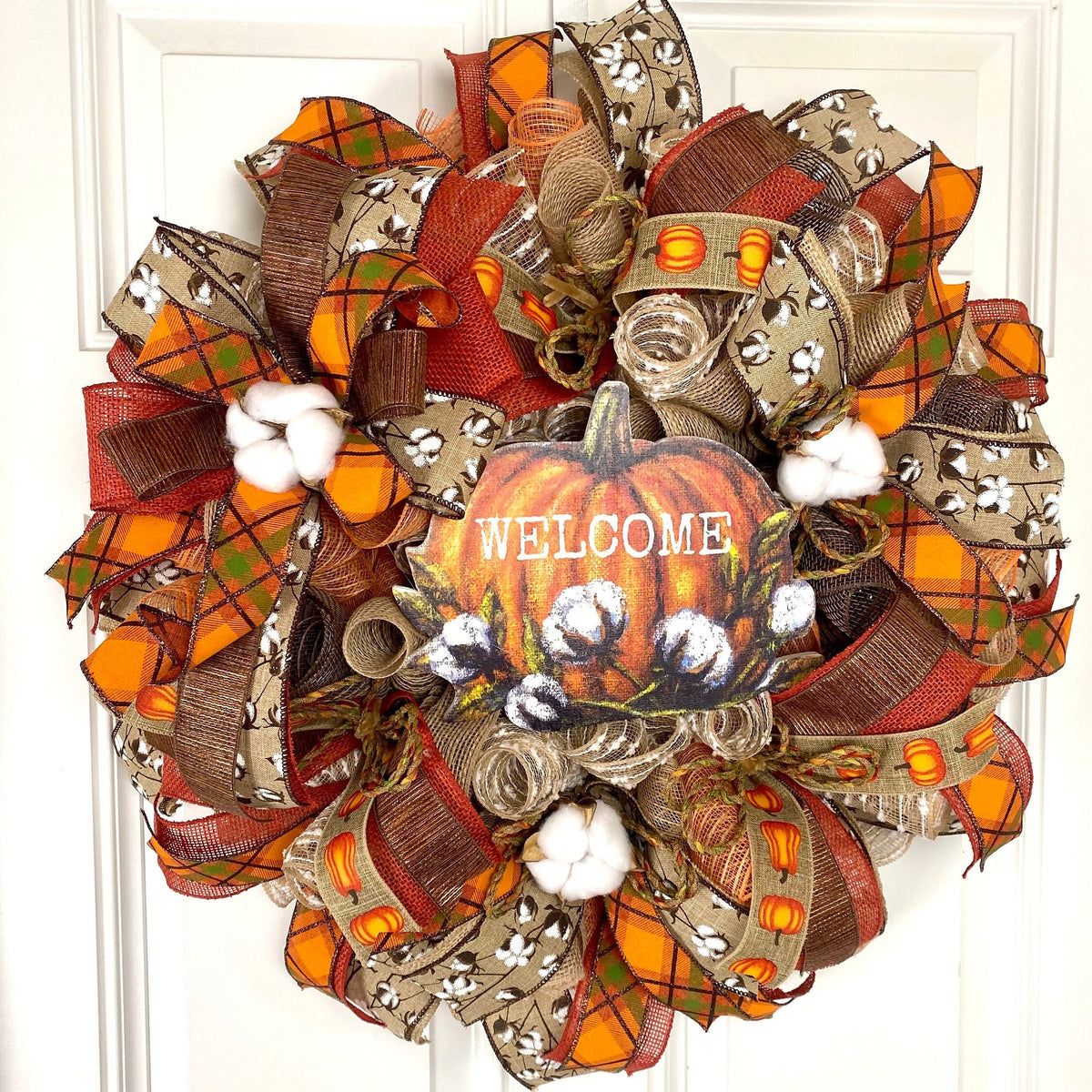 Fall Cotton Farmhouse Pumpkin Wreath