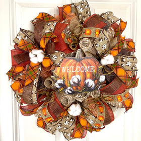 Fall Cotton Blossom Wreath: Farmhouse Pumpkin Thanksgiving Decor