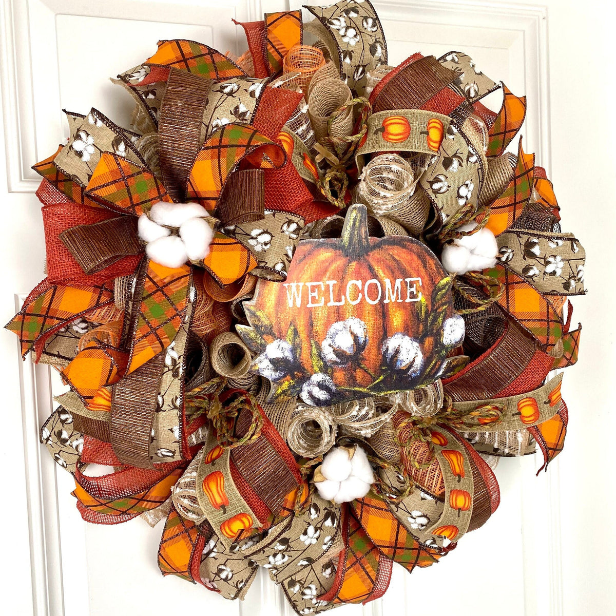 Fall Cotton Blossom Wreath: Farmhouse Pumpkin Thanksgiving Decor