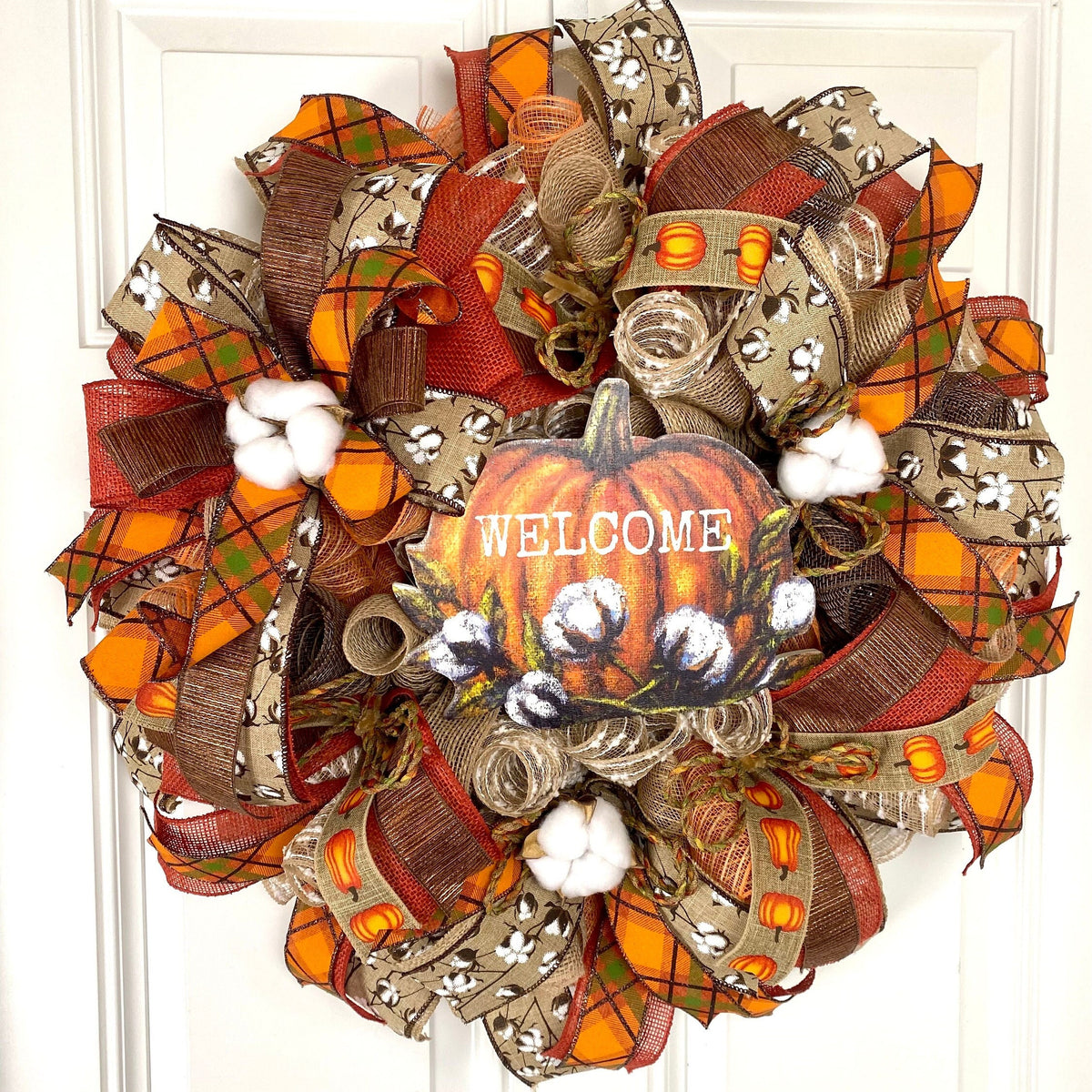 Fall Cotton Blossom Wreath: Farmhouse Pumpkin Thanksgiving Decor