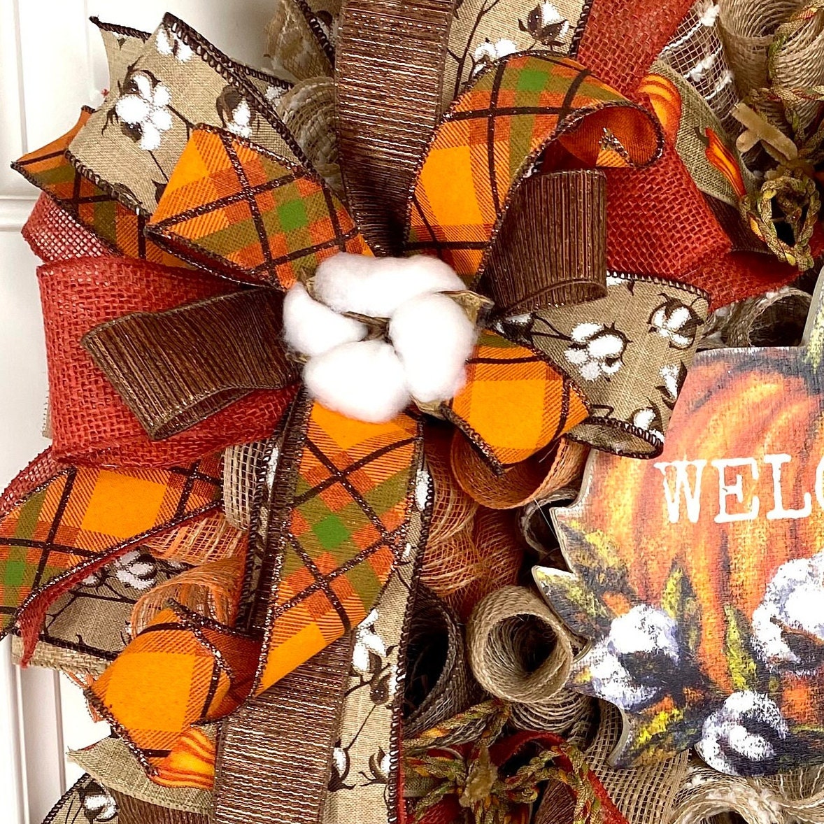 Fall Cotton Farmhouse Pumpkin Wreath