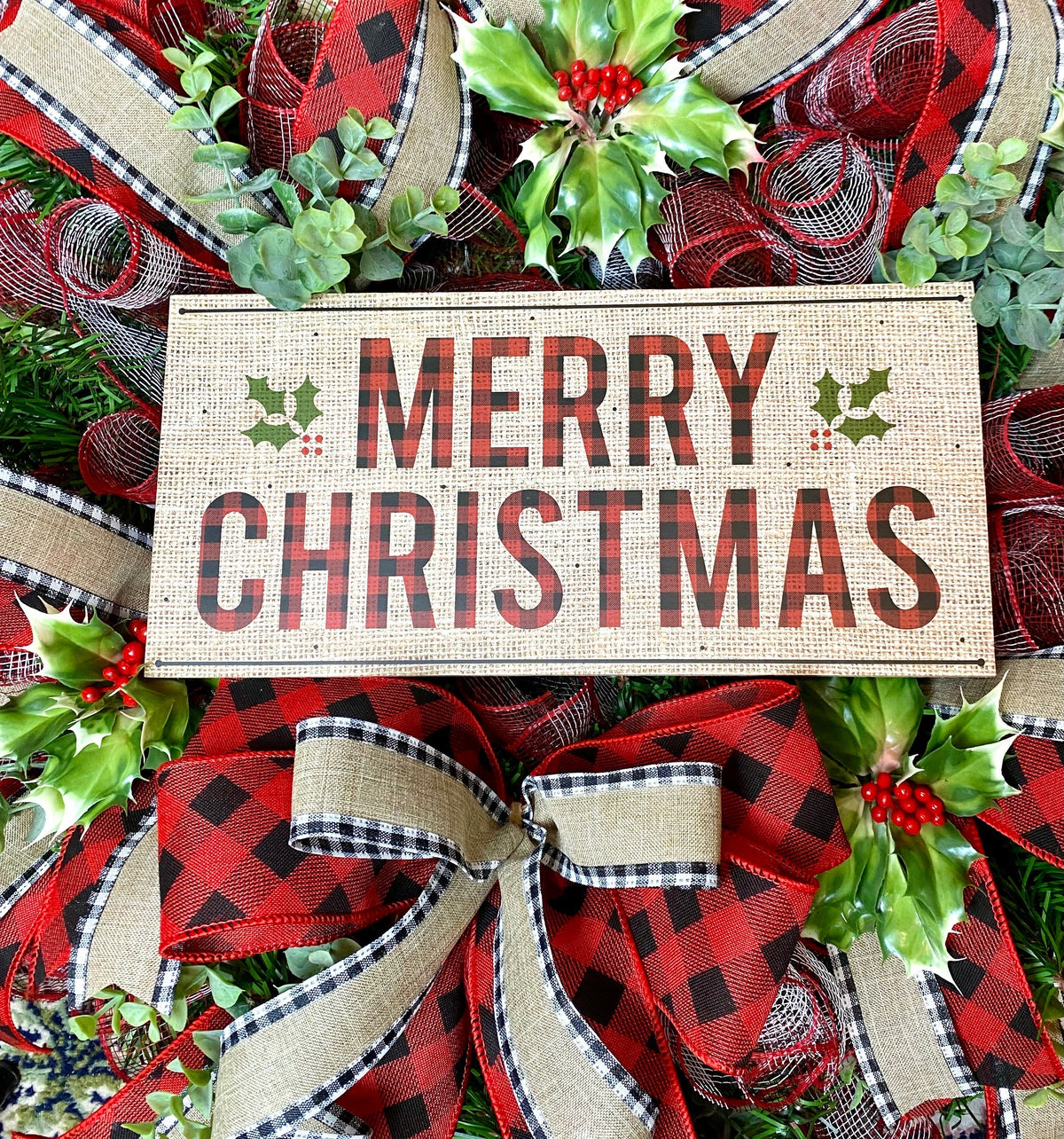 Buffalo Check Christmas Wreath: Farmhouse Front Door Decor