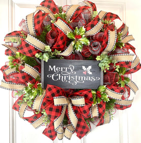Buffalo Check Christmas Wreath: Farmhouse Front Door Decor