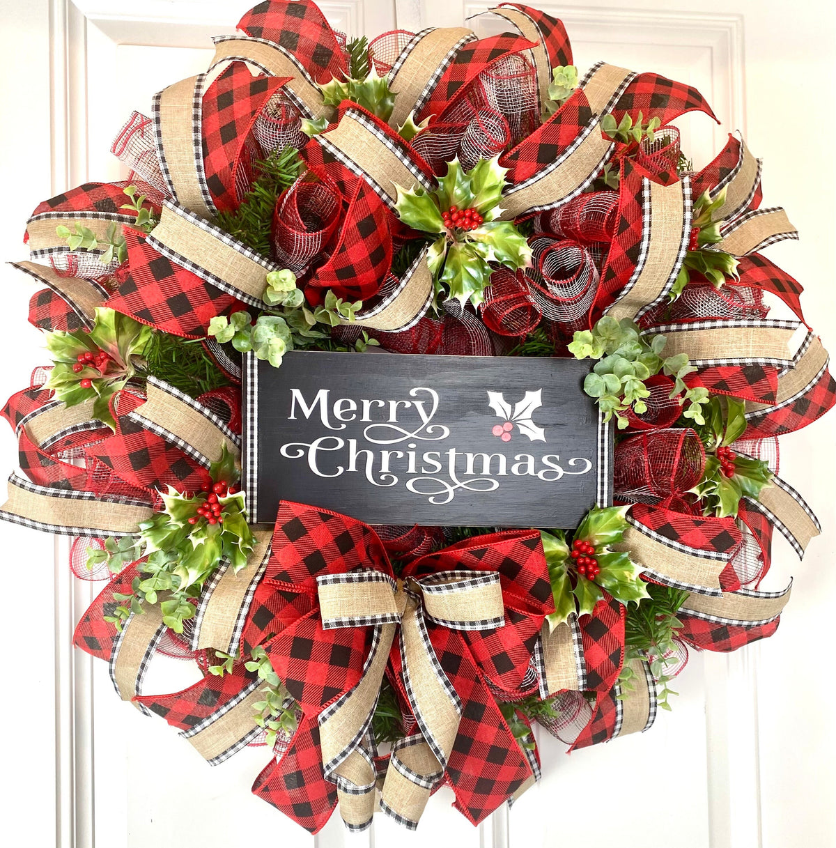Buffalo Check Christmas Wreath: Farmhouse Front Door Decor