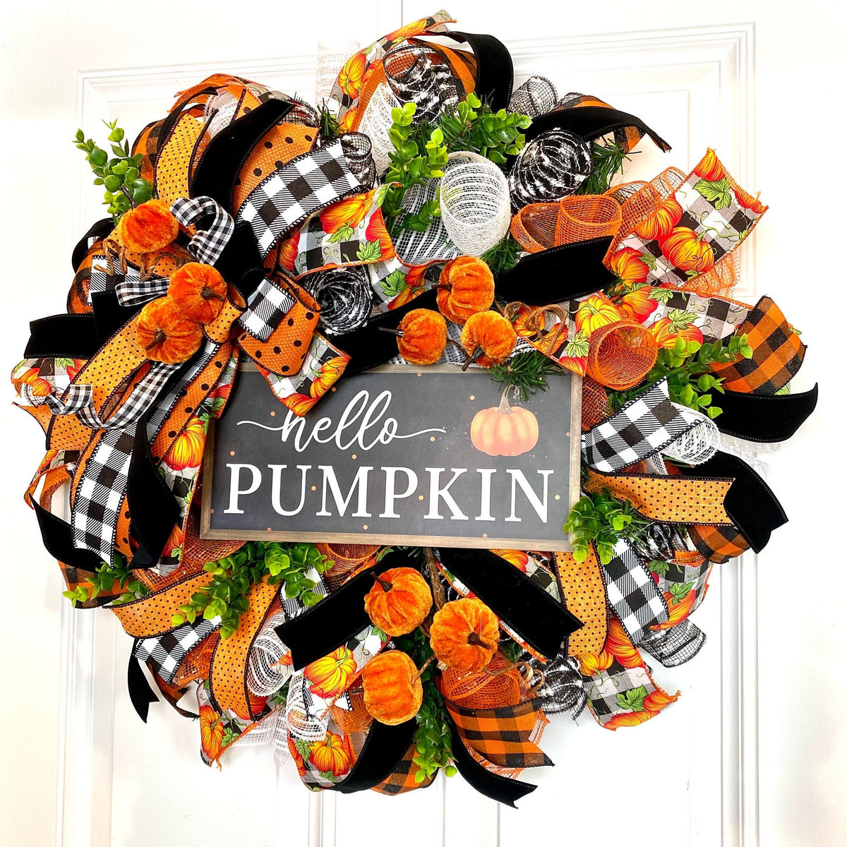 Fall Wreath, Pumpkin, Buffalo check, Farmhouse Deco, Traditional Autumn, Front Door decor