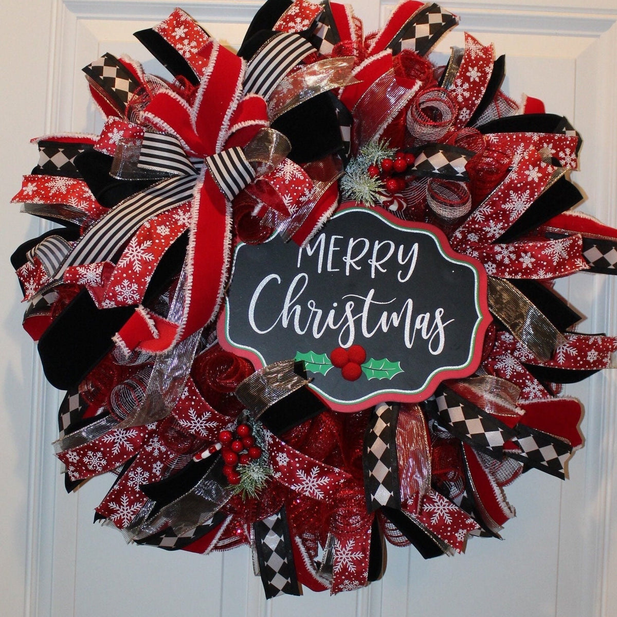 Red and Black Harlequin Christmas Wreath: Cardinal Holiday Decor