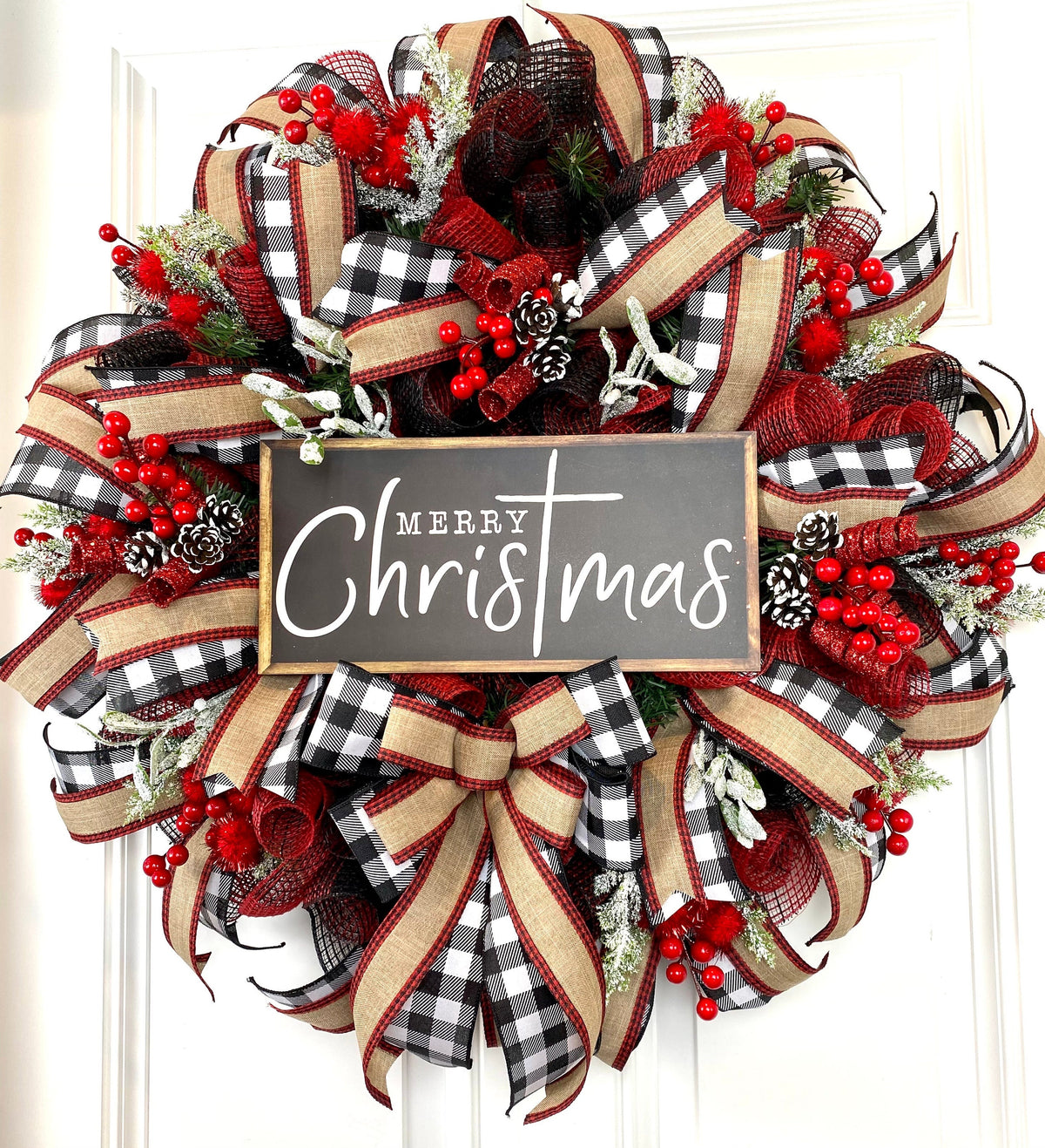 Christmas Wreath, Farmhouse Buffalo Plaid, Decor for front door, double doors, Merry Christmas