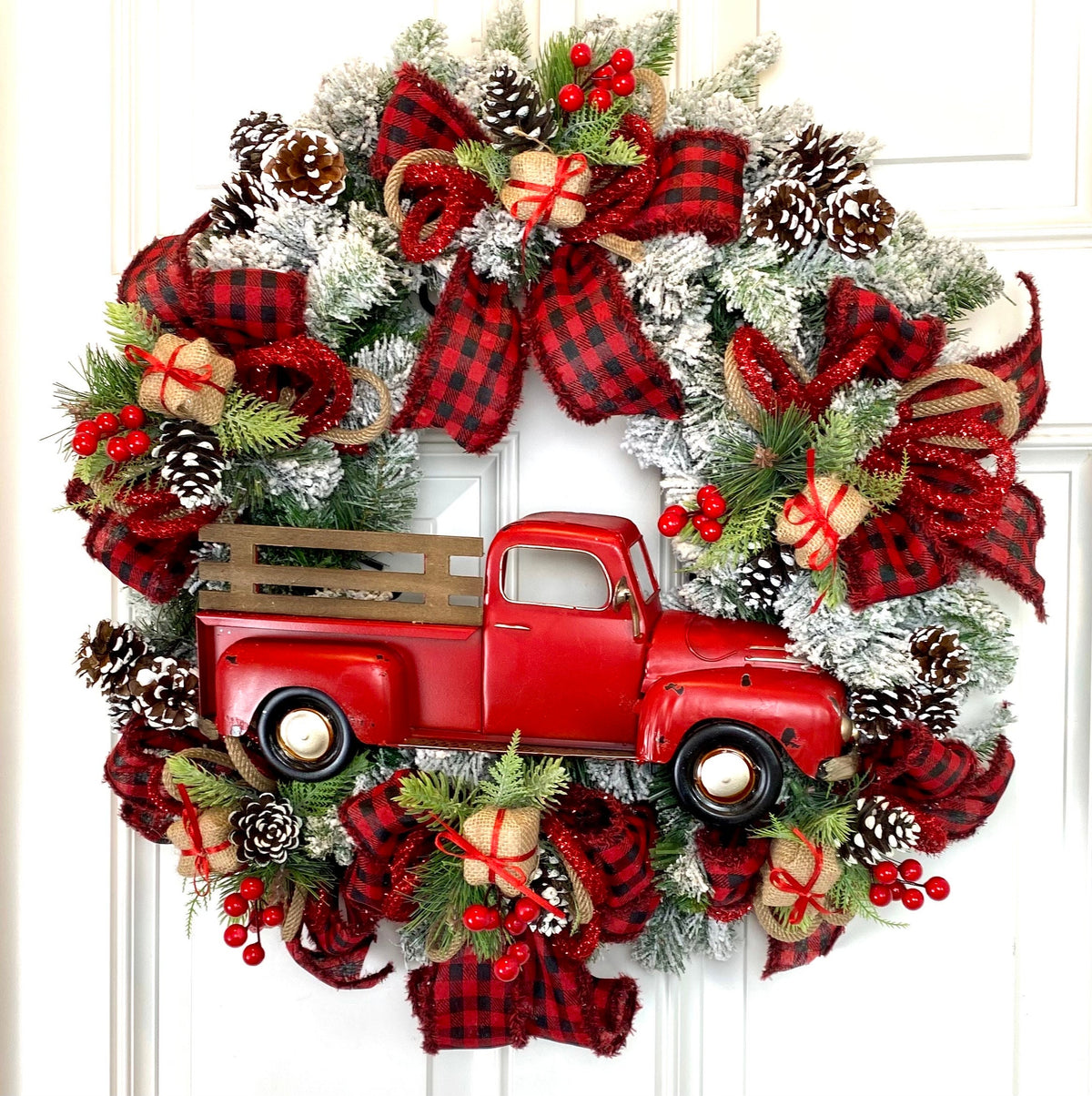 Red Truck Christmas Wreath: Buffalo Plaid Farmhouse Door Decor