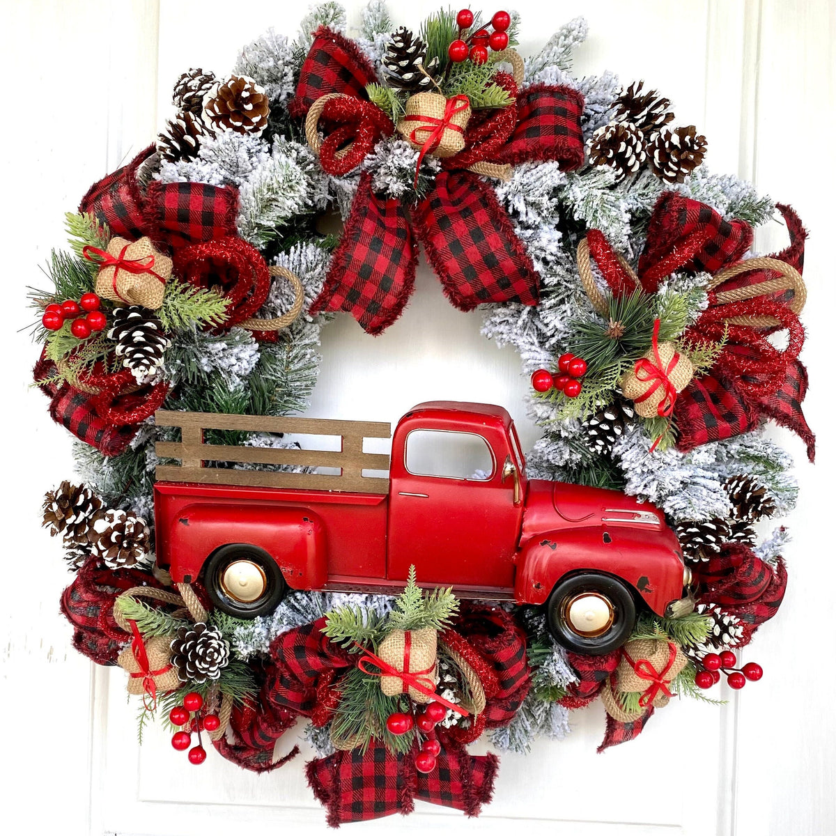 Red Truck Christmas Wreath: Buffalo Plaid Farmhouse Door Decor