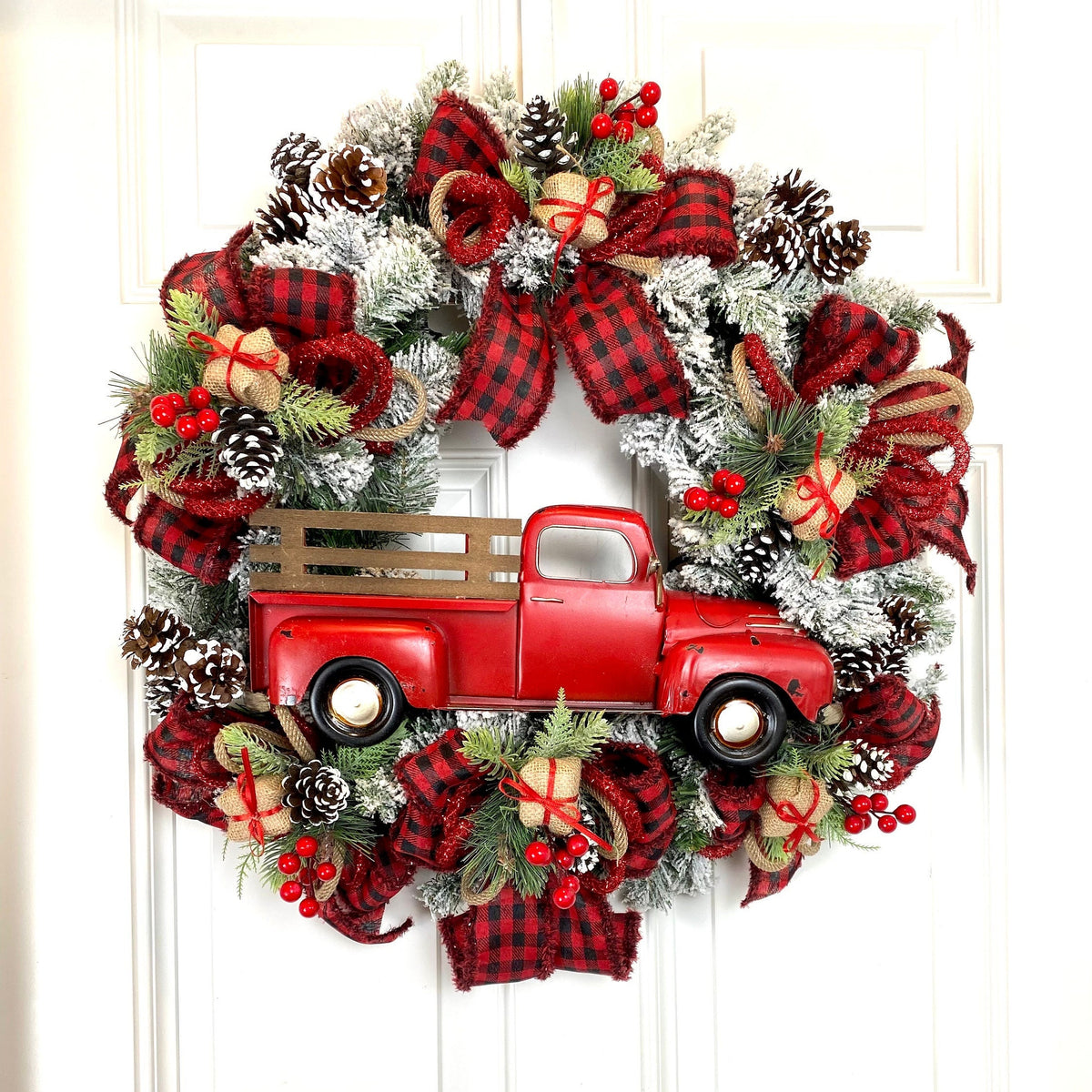 Red Truck Christmas Wreath: Buffalo Plaid Farmhouse Door Decor