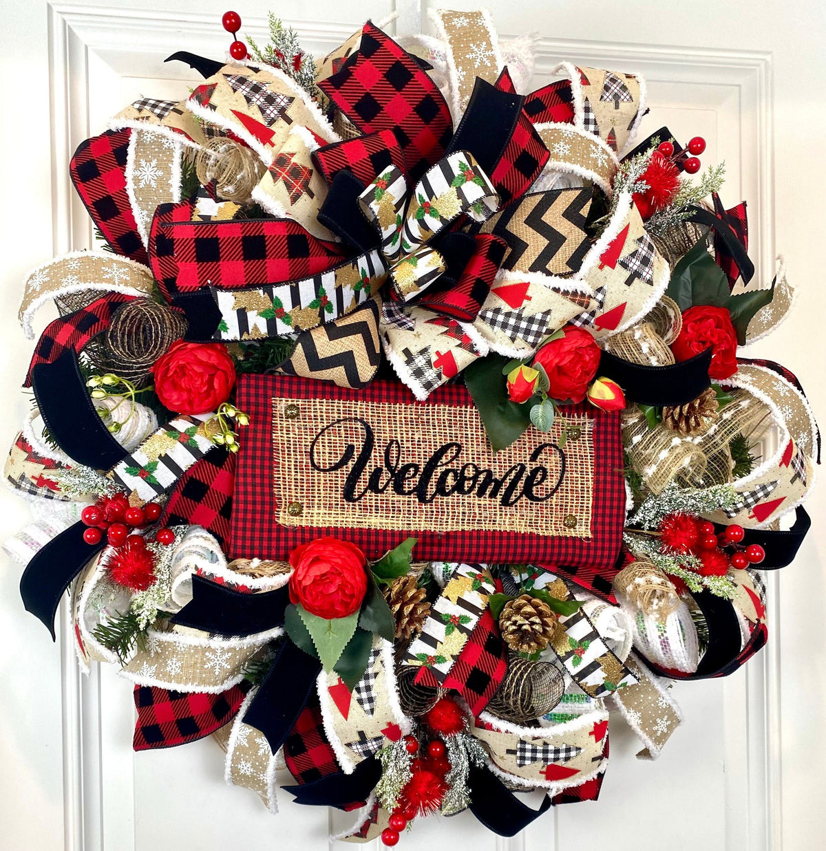 XL Christmas Wreath, Farmhouse Decor, Buffalo Check, Merry Christmas